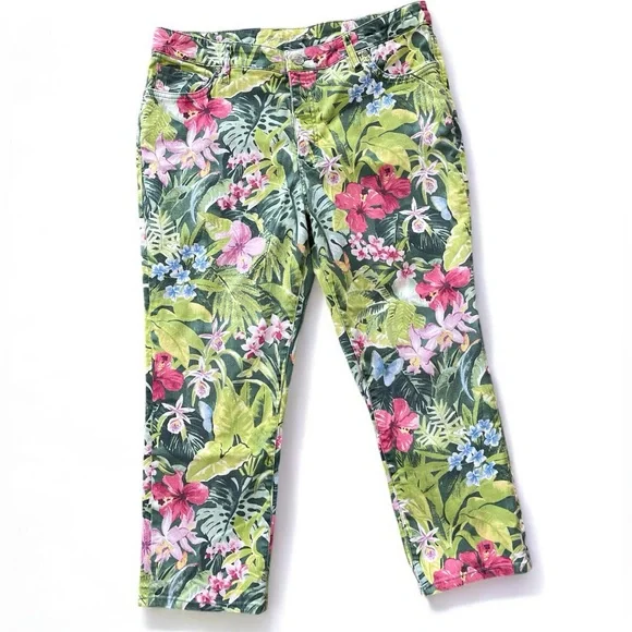 Tommy Bahama Ella Twill Pink Green Tropical High Rise Crop Pants Sz 12 - Picture 14 of 15